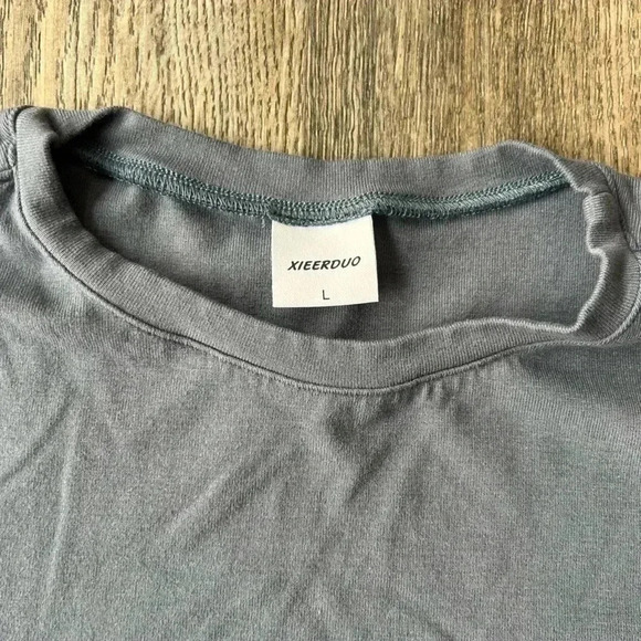 Xieerduo Top Gray Short Sleeve Crew Neck Slim Fit Tee Shirt Size Large Stretchy - Picture 2 of 4
